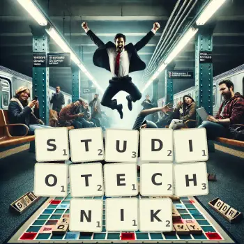 Kreative Illustration für ein Scrabble-Spiel, bei dem das Wort STUDIOTECHNIK mit Steinen auf dem Brett gelegt wurde.