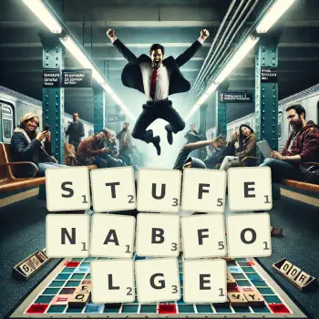 Kreative Illustration für ein Scrabble-Spiel, bei dem das Wort STUFENABFOLGE mit Steinen auf dem Brett gelegt wurde.