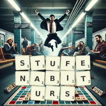 Kreative Illustration für ein Scrabble-Spiel, bei dem das Wort STUFENABITURS mit Steinen auf dem Brett gelegt wurde.