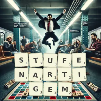 Kreative Illustration für ein Scrabble-Spiel, bei dem das Wort STUFENARTIGEM mit Steinen auf dem Brett gelegt wurde.