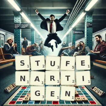 Kreative Illustration für ein Scrabble-Spiel, bei dem das Wort STUFENARTIGEN mit Steinen auf dem Brett gelegt wurde.