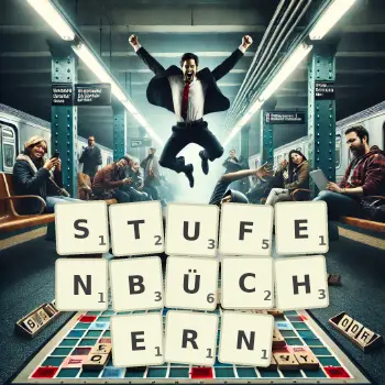 Kreative Illustration für ein Scrabble-Spiel, bei dem das Wort STUFENBÜCHERN mit Steinen auf dem Brett gelegt wurde.