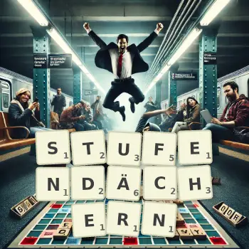 Kreative Illustration für ein Scrabble-Spiel, bei dem das Wort STUFENDÄCHERN mit Steinen auf dem Brett gelegt wurde.