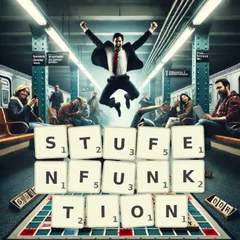 Kreative Illustration für ein Scrabble-Spiel, bei dem das Wort STUFENFUNKTION mit Steinen auf dem Brett gelegt wurde.