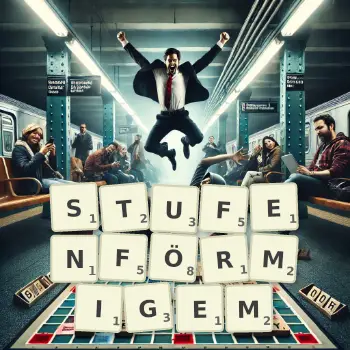 Kreative Illustration für ein Scrabble-Spiel, bei dem das Wort STUFENFÖRMIGEM mit Steinen auf dem Brett gelegt wurde.