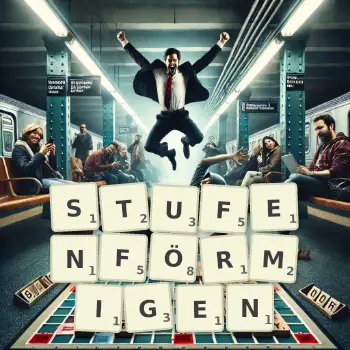 Kreative Illustration für ein Scrabble-Spiel, bei dem das Wort STUFENFÖRMIGEN mit Steinen auf dem Brett gelegt wurde.