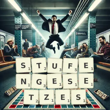 Kreative Illustration für ein Scrabble-Spiel, bei dem das Wort STUFENGESETZES mit Steinen auf dem Brett gelegt wurde.