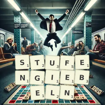 Kreative Illustration für ein Scrabble-Spiel, bei dem das Wort STUFENGIEBELN mit Steinen auf dem Brett gelegt wurde.