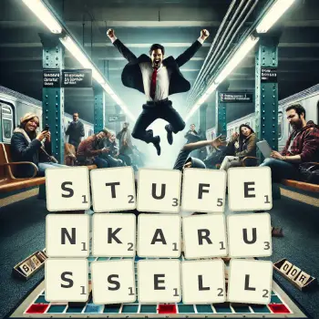 Kreative Illustration für ein Scrabble-Spiel, bei dem das Wort STUFENKARUSSELL mit Steinen auf dem Brett gelegt wurde.