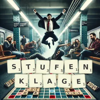 Kreative Illustration für ein Scrabble-Spiel, bei dem das Wort STUFENKLAGE mit Steinen auf dem Brett gelegt wurde.