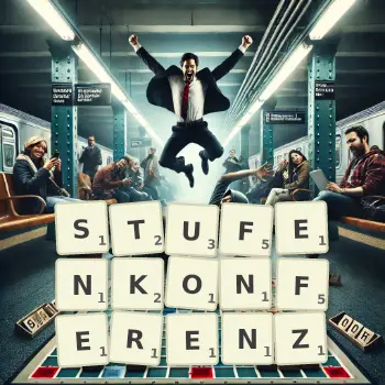 Kreative Illustration für ein Scrabble-Spiel, bei dem das Wort STUFENKONFERENZ mit Steinen auf dem Brett gelegt wurde.