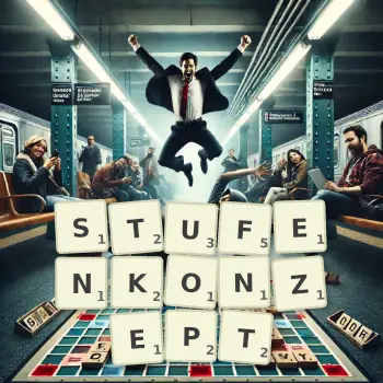 Kreative Illustration für ein Scrabble-Spiel, bei dem das Wort STUFENKONZEPT mit Steinen auf dem Brett gelegt wurde.