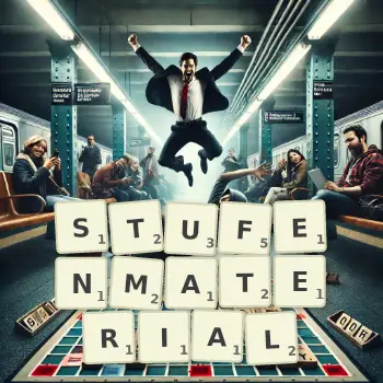 Kreative Illustration für ein Scrabble-Spiel, bei dem das Wort STUFENMATERIAL mit Steinen auf dem Brett gelegt wurde.