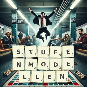 Kreative Illustration für ein Scrabble-Spiel, bei dem das Wort STUFENMODELLEN mit Steinen auf dem Brett gelegt wurde.