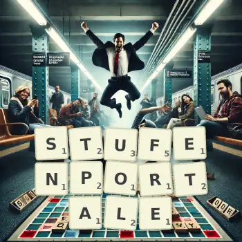 Kreative Illustration für ein Scrabble-Spiel, bei dem das Wort STUFENPORTALE mit Steinen auf dem Brett gelegt wurde.