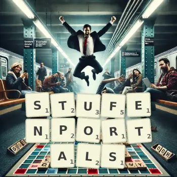 Kreative Illustration für ein Scrabble-Spiel, bei dem das Wort STUFENPORTALS mit Steinen auf dem Brett gelegt wurde.