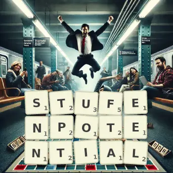 Kreative Illustration für ein Scrabble-Spiel, bei dem das Wort STUFENPOTENTIAL mit Steinen auf dem Brett gelegt wurde.