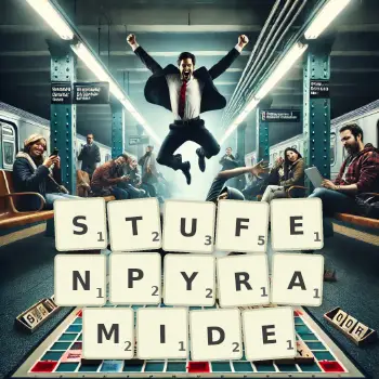 Kreative Illustration für ein Scrabble-Spiel, bei dem das Wort STUFENPYRAMIDE mit Steinen auf dem Brett gelegt wurde.