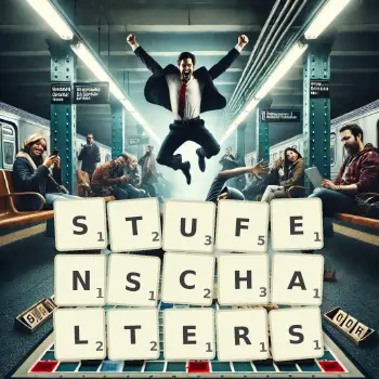 Kreative Illustration für ein Scrabble-Spiel, bei dem das Wort STUFENSCHALTERS mit Steinen auf dem Brett gelegt wurde.