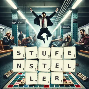 Kreative Illustration für ein Scrabble-Spiel, bei dem das Wort STUFENSTELLER mit Steinen auf dem Brett gelegt wurde.