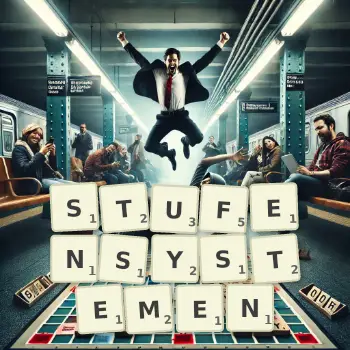 Kreative Illustration für ein Scrabble-Spiel, bei dem das Wort STUFENSYSTEMEN mit Steinen auf dem Brett gelegt wurde.