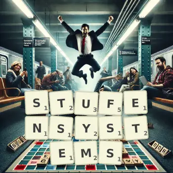 Kreative Illustration für ein Scrabble-Spiel, bei dem das Wort STUFENSYSTEMS mit Steinen auf dem Brett gelegt wurde.