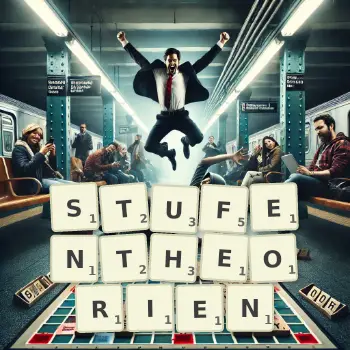 Kreative Illustration für ein Scrabble-Spiel, bei dem das Wort STUFENTHEORIEN mit Steinen auf dem Brett gelegt wurde.