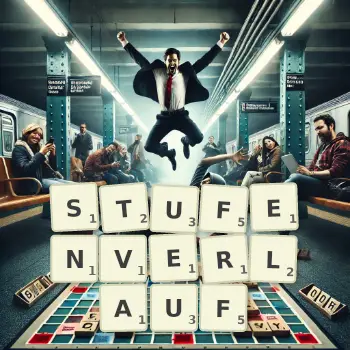 Kreative Illustration für ein Scrabble-Spiel, bei dem das Wort STUFENVERLAUF mit Steinen auf dem Brett gelegt wurde.