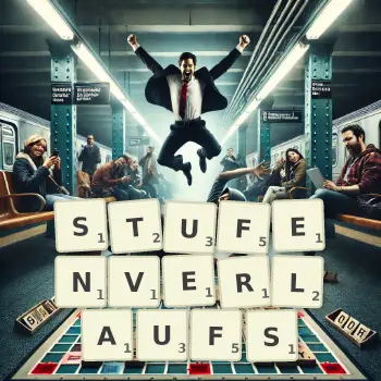 Kreative Illustration für ein Scrabble-Spiel, bei dem das Wort STUFENVERLAUFS mit Steinen auf dem Brett gelegt wurde.