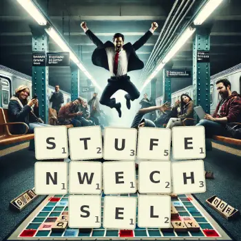 Kreative Illustration für ein Scrabble-Spiel, bei dem das Wort STUFENWECHSEL mit Steinen auf dem Brett gelegt wurde.