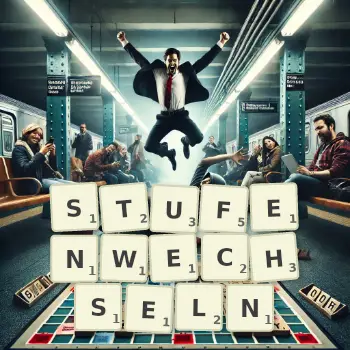 Kreative Illustration für ein Scrabble-Spiel, bei dem das Wort STUFENWECHSELN mit Steinen auf dem Brett gelegt wurde.