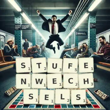 Kreative Illustration für ein Scrabble-Spiel, bei dem das Wort STUFENWECHSELS mit Steinen auf dem Brett gelegt wurde.