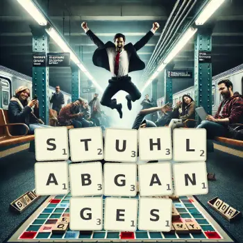 Kreative Illustration für ein Scrabble-Spiel, bei dem das Wort STUHLABGANGES mit Steinen auf dem Brett gelegt wurde.