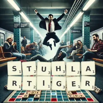 Kreative Illustration für ein Scrabble-Spiel, bei dem das Wort STUHLARTIGER mit Steinen auf dem Brett gelegt wurde.