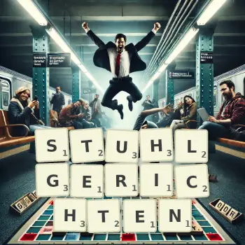 Kreative Illustration für ein Scrabble-Spiel, bei dem das Wort STUHLGERICHTEN mit Steinen auf dem Brett gelegt wurde.