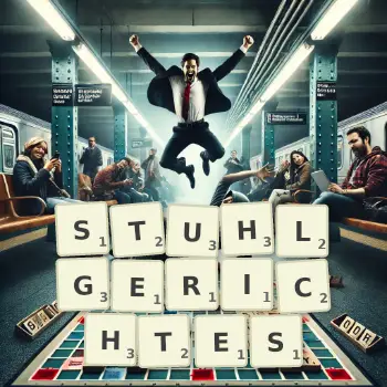 Kreative Illustration für ein Scrabble-Spiel, bei dem das Wort STUHLGERICHTES mit Steinen auf dem Brett gelegt wurde.