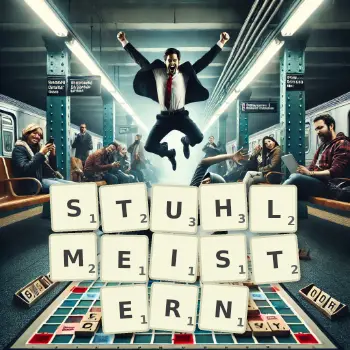 Kreative Illustration für ein Scrabble-Spiel, bei dem das Wort STUHLMEISTERN mit Steinen auf dem Brett gelegt wurde.