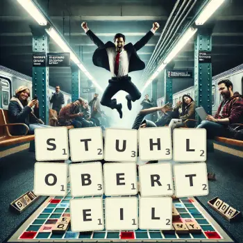 Kreative Illustration für ein Scrabble-Spiel, bei dem das Wort STUHLOBERTEIL mit Steinen auf dem Brett gelegt wurde.