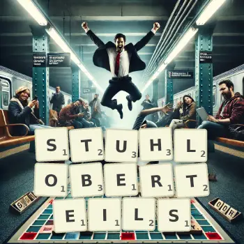 Kreative Illustration für ein Scrabble-Spiel, bei dem das Wort STUHLOBERTEILS mit Steinen auf dem Brett gelegt wurde.