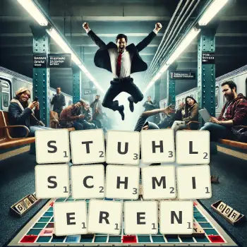 Kreative Illustration für ein Scrabble-Spiel, bei dem das Wort STUHLSCHMIEREN mit Steinen auf dem Brett gelegt wurde.