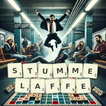 Kreative Illustration für ein Scrabble-Spiel, bei dem das Wort STUMMELAFFE mit Steinen auf dem Brett gelegt wurde.