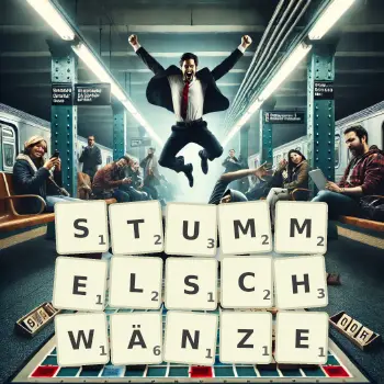 Kreative Illustration für ein Scrabble-Spiel, bei dem das Wort STUMMELSCHWÄNZE mit Steinen auf dem Brett gelegt wurde.