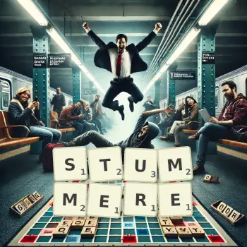 Kreative Illustration für ein Scrabble-Spiel, bei dem das Wort STUMMERE mit Steinen auf dem Brett gelegt wurde.