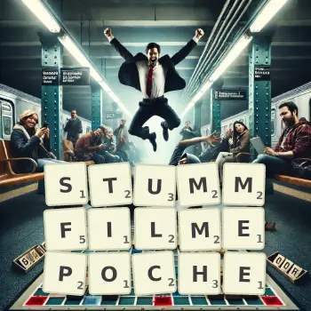 Kreative Illustration für ein Scrabble-Spiel, bei dem das Wort STUMMFILMEPOCHE mit Steinen auf dem Brett gelegt wurde.
