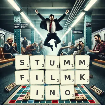 Kreative Illustration für ein Scrabble-Spiel, bei dem das Wort STUMMFILMKINO mit Steinen auf dem Brett gelegt wurde.