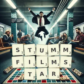 Kreative Illustration für ein Scrabble-Spiel, bei dem das Wort STUMMFILMSTAR mit Steinen auf dem Brett gelegt wurde.