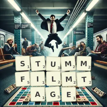 Kreative Illustration für ein Scrabble-Spiel, bei dem das Wort STUMMFILMTAGE mit Steinen auf dem Brett gelegt wurde.