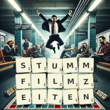 Kreative Illustration für ein Scrabble-Spiel, bei dem das Wort STUMMFILMZEITEN mit Steinen auf dem Brett gelegt wurde.