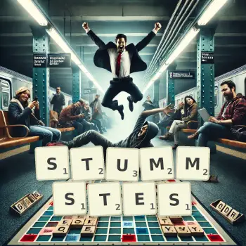 Kreative Illustration für ein Scrabble-Spiel, bei dem das Wort STUMMSTES mit Steinen auf dem Brett gelegt wurde.