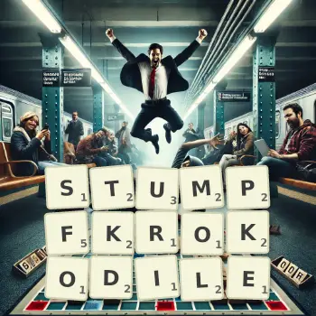 Kreative Illustration für ein Scrabble-Spiel, bei dem das Wort STUMPFKROKODILE mit Steinen auf dem Brett gelegt wurde.